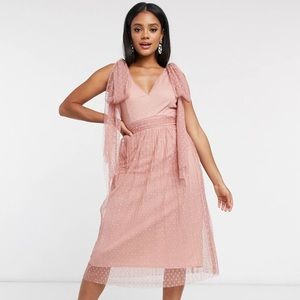 Little Mistress skater midi dress with bow shoulder in cosmetic pink